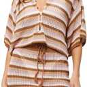 Pink Queen 2 Piece Crochet Swimsuit Cover Ups for Women Hollow Out Knitted Bathing Suit Coverup Beach Crop Top and Skirt Sets (Medium, Brown Stripe)