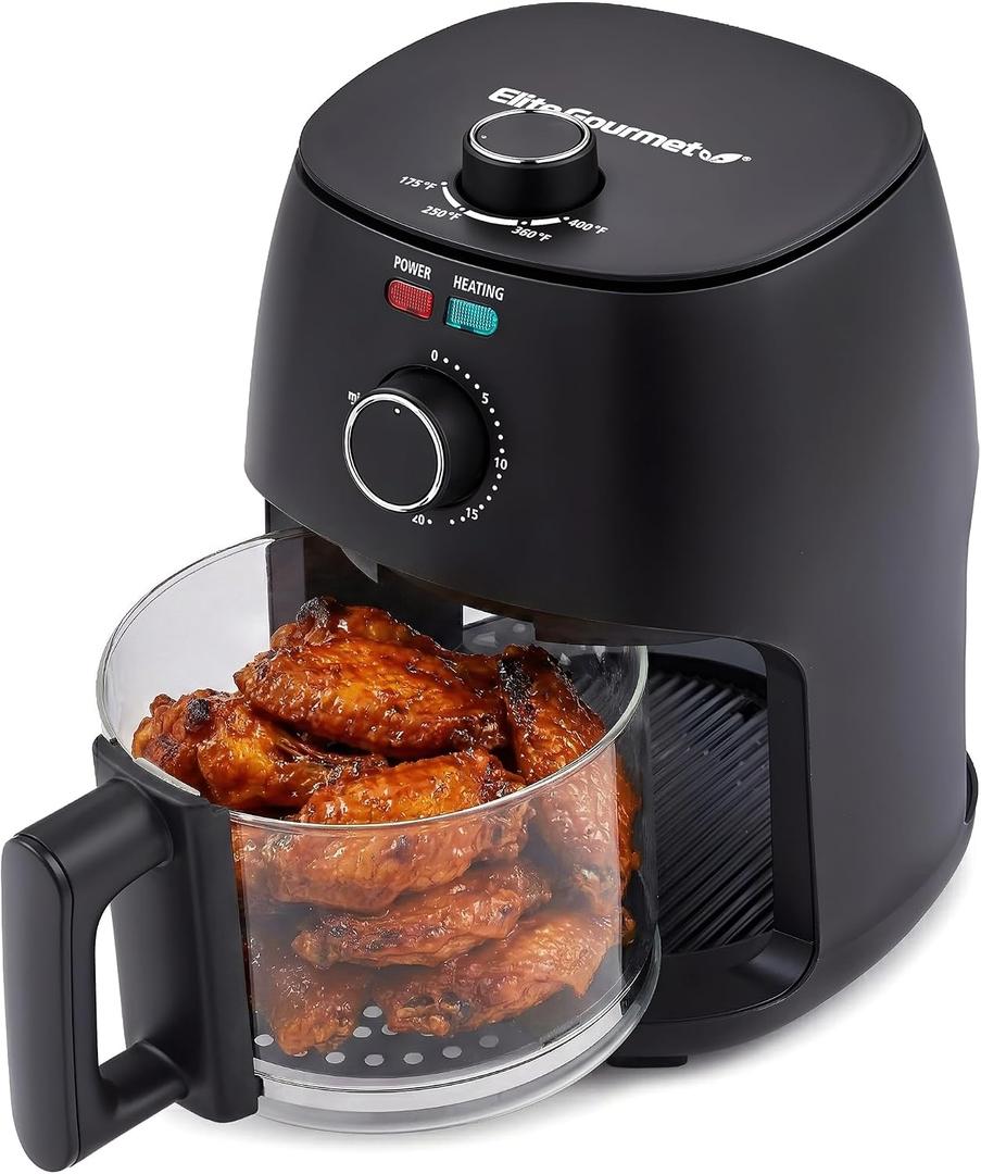 Elite Gourmet Glass Air Fryer, 2.4 Qt Compact Size for 12 People, PFAS-Free Ceramic & Glass Basket, Visible Cooking, Adjustable Temp 175400F, 1150W, Black, 2.4 Quart