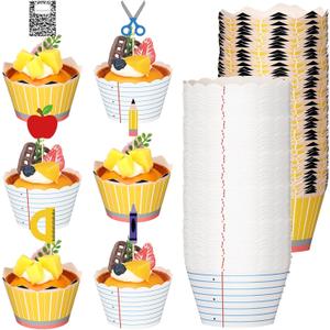 2 x 72 Pcs Graduation Classroom Cupcake Wrappers and Toppers Set, 36 End of Year Cupcake Wrappers, 36 Pencil Ruler Crayon Notebook Cake Picks for Teacher Appreciation, Graduation Party, Classroom Birthday, Cupcake liners: 1.973.35 inch