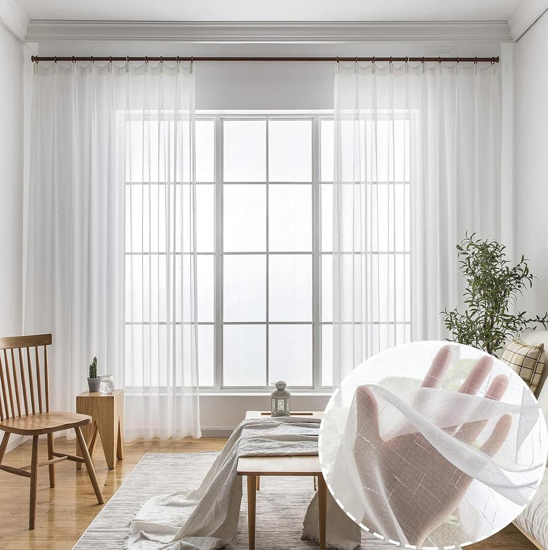 Ftinala Off White Sheer Curtains 102 Inch Long 2 Panels, Thin Textured Linen Look Ceiling Curtains & Drapes for Living Room, Rustic See Through Window Decor, Pinch Pleat Sliding Glass Door Curtain