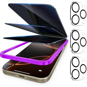 Fotbor [3+3 Pack Privacy Screen Protector for iPhone 16 Pro Max, 26 Anti-Spy & Blue Light Filter Tempered Glass with 3 Camera Lens Protectors, 3X Reinforced, Easy Alignment