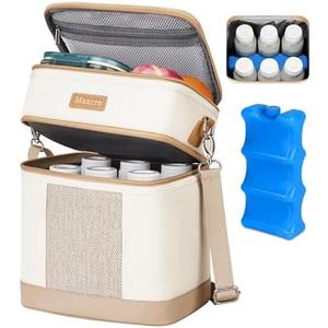Mancro Breastmilk Cooler Bag with Ice Pack, Double Layer Insulated Baby Bottles Bag Fits 6 Bottles Up to 9 Ounces, Portable Breast Pump Cooler Travel Bag for Daycare and Nursing Moms, Beige