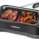 CUSIMAX Electric Indoor Grill, 1500W Smokeless Korean BBQ Grill with Smart LED Display & Tempered Glass Lid, Removable Non-stick Plate, Turbo Smoke Extractor, Black