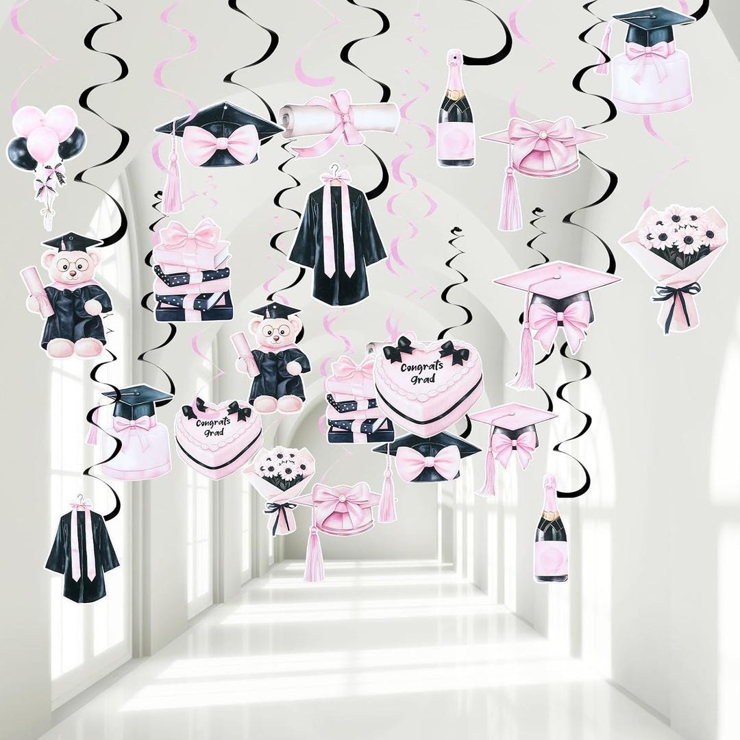 30 Pcs Pink Bow Graduation Decorations Black and Pink Graduation Swirl Decorations Class of 2026 Congrats Grad Ceiling Hanging Bow and Bear Decor Senior 2026 College Party Supplies