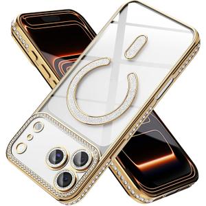 Magnetic Glitter Diamond for iPhone 15 Case[Compatible with MagSafe] Sparkle Rhinestone Camera Lens Protector Plated,Crtstal Clear Slim Military Drop Shockproof Cover for Women,Gold