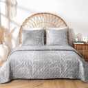 Gray Quilt Set King Size, Grey Reversible Botanical Bedspread Coverlet Set Branch Leaves Pattern Bedding Set, 3 Piece Microfiber Summer Quilted Bedding Set All Season