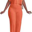 HBQ Women's Summer 2 Piece Outfits Casual Tracksuit Short Sleeve Button Down Crop Top Wide Leg Long Pant Lounge SetsLOrange.L