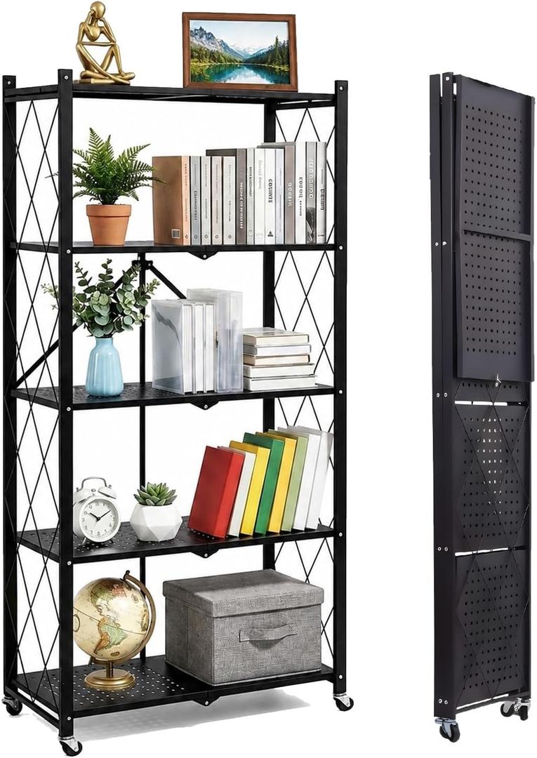 5-Tier Folding Storage Shelf with Wheels, Heavy-Duty Metal Shelving Unit, No Assembly Foldable Bookshelf, Rolling Storage Rack for Garage, Kitchen, Pantry, Closet, Office, Laundry Room, Black