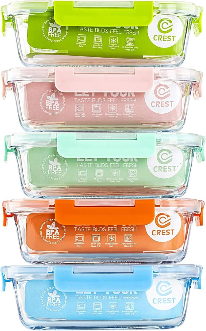 C CREST [5-Pack] Glass Lunch Box, Meal Prep Glass Containers with Lids, Glass Food Storage Containers, 34 OZ (Mixed Color, 5 Pack 34oz)