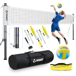 Portable Volleyball Net for Backyard: Patiassy Heavy Duty Professional Outdoor Set with Adjustable Aluminum Poles Winch System Steel Stakes Anti-Sag Design Pump and Carrying Bag for Beach Grass