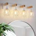 Farmhouse Vanity Light for Bathroom, 4-Light White Wood Bathroom Vanity Light Fixtures Over Mirror, Rustic Sconces Wall Lighting with Metal Lampshade for Living Room, Bedroom, Hallway