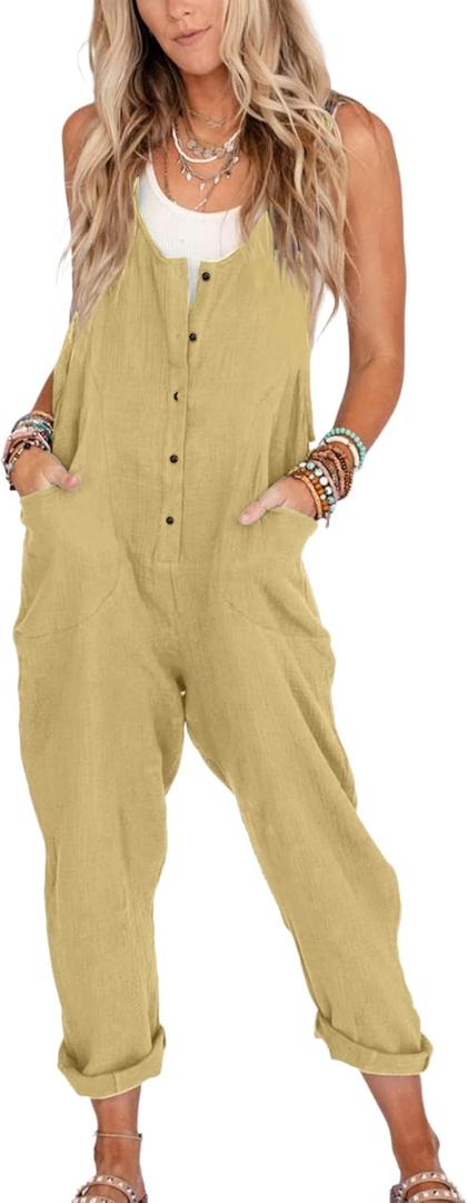 Yeokou Womens Overalls Linen Cotton Jumpsuits Loose Casual Jumpers with Pockets (M)