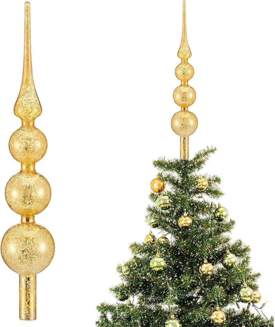 Gejoy Mercury Glass Finial Christmas Tree Topper 15 Inches Vintage Spherical Xmas Tree Topper Tall Mid Century Christmas Ornament for Home Xmas Party Decorations(Gold)