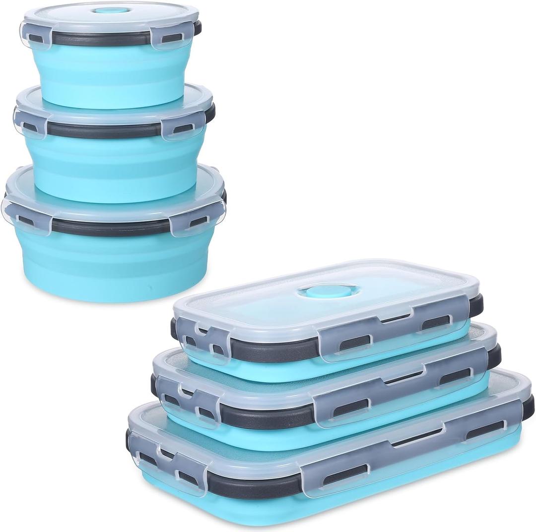 6 Pieces Collapsible Food Storage Containers Foldable Silicone Lunch Containers with Lids, 3 Pcs Silicone Rectangle Collapsible Bowls and 3 Pcs Round Food Bowls, Microwave Freezer and Dishwasher Safe