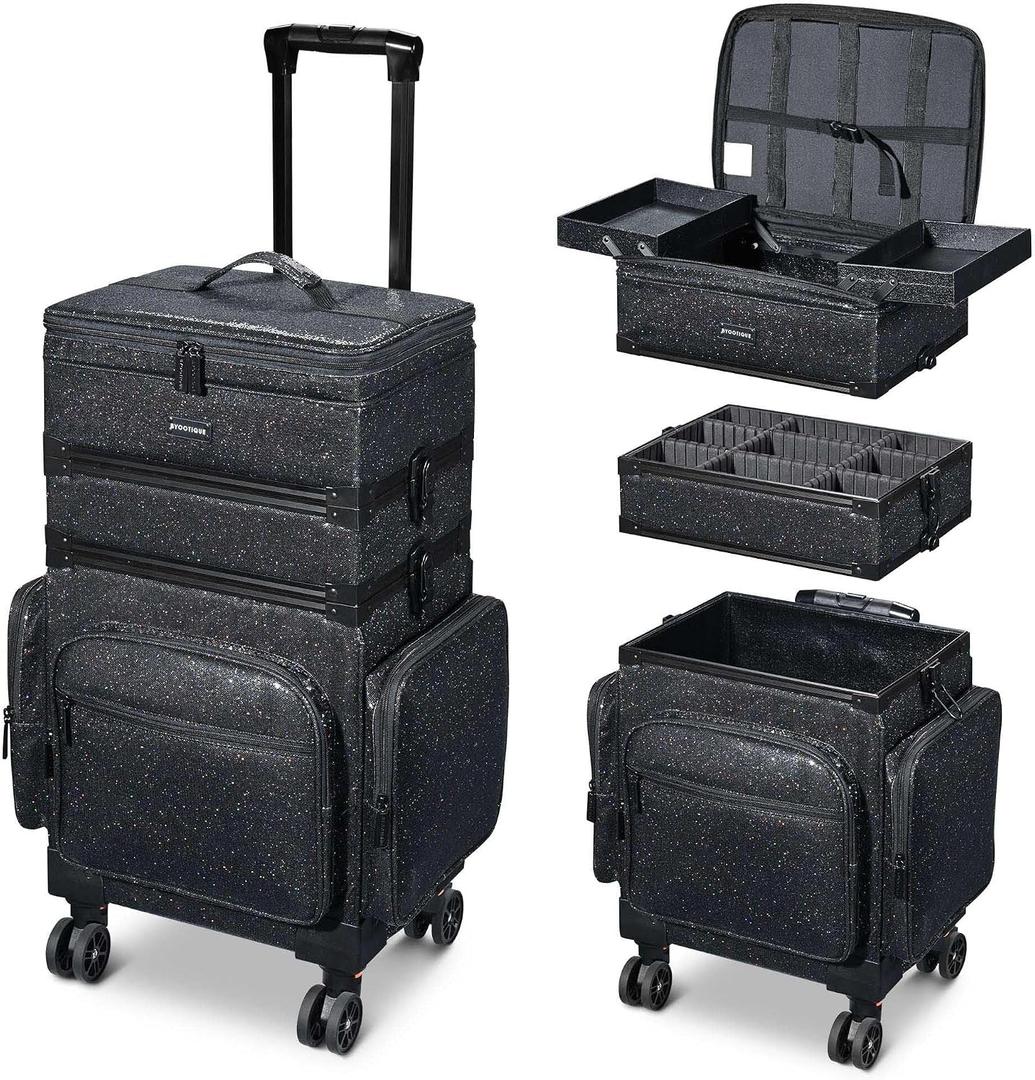 BYOOTIQUE 3in1 Soft Sided Rolling Makeup Train Case Cosmetology Case On Wheels Large Organizer Storage Cosmetic Trolley with Adjustable Divider for Makeup Artist Nail Wedding Travel Glitter Black