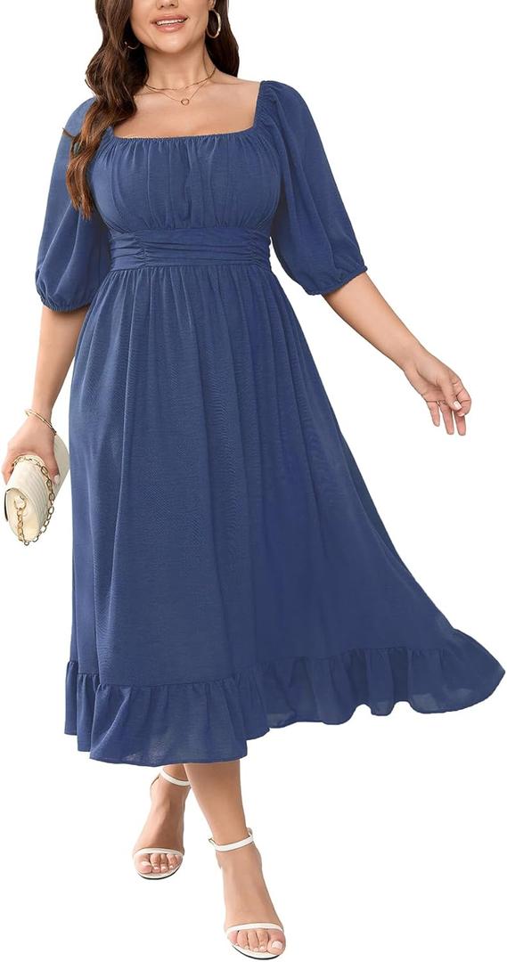 Women's Plus Size Maxi Dress Summer Half Lantern Sleeve Square Neck Smocked Flowy A-Line Elegant Wedding Guest Dresses (Blue), 4 XL