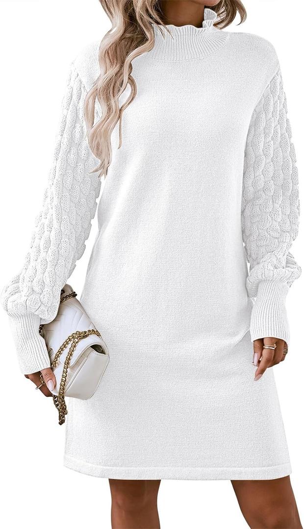 HUUSA Winter Dresses for Women 2024 Fall Puff Long Sleeve Sweaters Loose Mock Neck Outfits Sexy Mini Dress Going Out (Medium, White)
