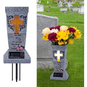Solar Cemetery Grave Vase with LED for Fresh/Artificial Flowers Headstones Vases with Spikes Gravestone Decor Memorial Gifts for Loss of Loved One