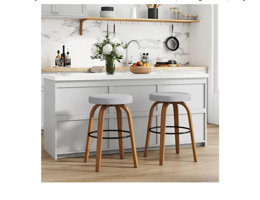 Swivel Bar Stools Set of 2, 26 Inch Counter Height Backless Bar Stools, Fabric Upholstered Seat, Sturdy Curved Wood Legs, Mid-Century Modern Island Stools for Kitchen Bar, Dining Room, Gray