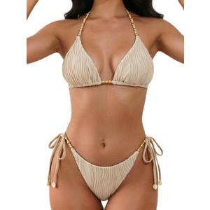 Women's Ribbed Two Piece Adjustable Triangle Beads Shoulder Strap Bikini Set Sexy Bathing Swimsuits (Beige, Small)