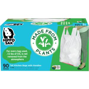 Hippo Sak - Plant Based Tall Kitchen Garbage Bags with Ergonomic Handles - 13 Gallon Trash Bags - Recyclable & Eco Friendly - Super Strong and Leak Proof Tall Kitchen Trash Bags (90 Count)
