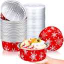 Ziliny 50 Pcs 1 Lb Christmas Bread Loaf Pans with Lids Snowflake Aluminum Loaf Pans Xmas 580ml Mini Round Disposable Baking Cupcake Tin Christmas Containers for Food Packing Gifts