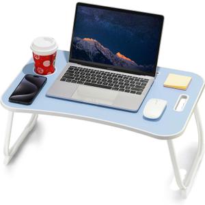 Laptop Bed Desk, Foldable Lap Table, Portable Study Table, Laptop Stand with Cup Holder & Tablet Slot & Lifting Handle for Working Writing Drawing & Eating - Blue