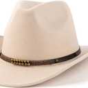 Western Cowboy Hats for Women Men Felt Wide Brim Panama Hat with Belt Buckle (Medium, Bead Band-cream)
