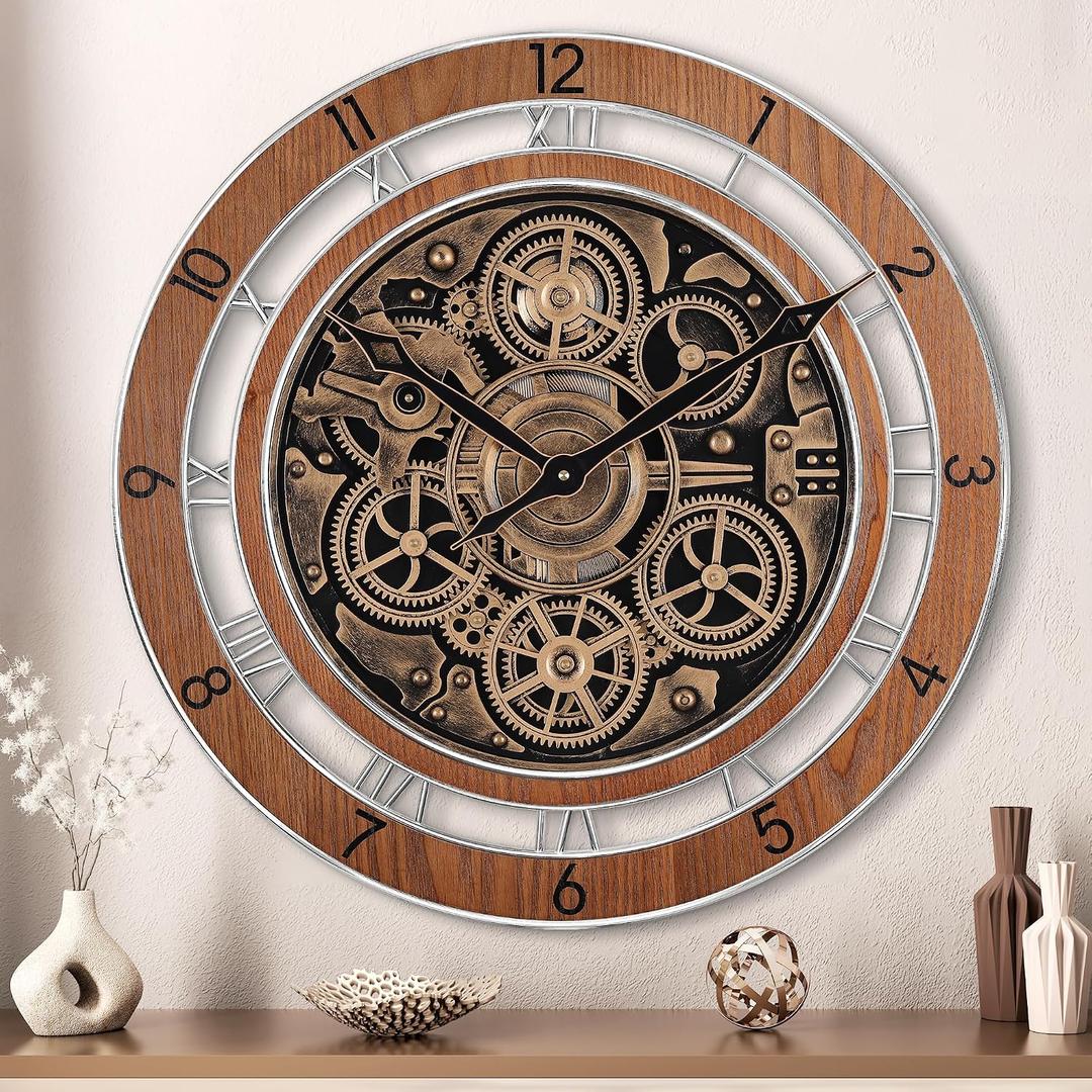 Lafocuse Real Moving Gears Wall Clock Brown Vintage, 21 Inch Steampunk Gear Clocks with Arabic and Roman Numerals, Wooden Farmhouse Industrial Large Wall Clock for Living Room Decor Kitchen Home