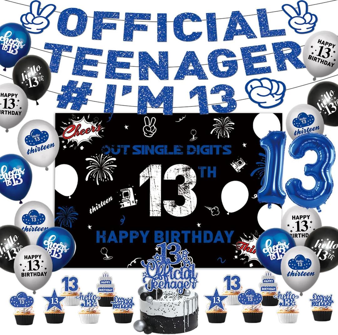 13th Birthday Decorations for Boys Include Happy 13th Birthday Banner-Backdrop-13 Birthday Balloons-Foil Balloons-Cake Topper-Cupcake Toppers-Hanging Swirl for 13 Year Old Boy Birthday Decorations