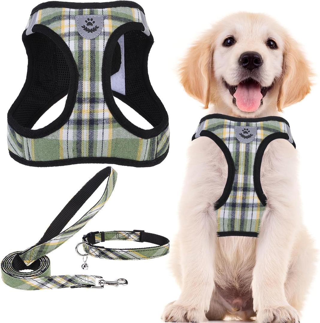 PUPTECK Adjustable Dog Harness Collar and Leash Set Step in No Pull Pet Harness for Dogs Puppy and Cats Outdoor Walking Running, Soft Mesh Padded Reflective Vest Harnesses, Grn&YLW, XL