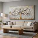Large Tree of Life Canvas Wall Art Gold and White Flower Big Tree Painting Picture Wall Decor Botanical Floral Poster Print Artwork for Living Room Dining Bedroom, 40"L x 20"W