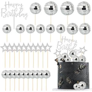 33PCS Disco Ball Cake Topper, 1970s Disco Ball Cake Picks Dance Party Supplies,Small Disco Balls Cake Decorations for Disco 70s Theme Party