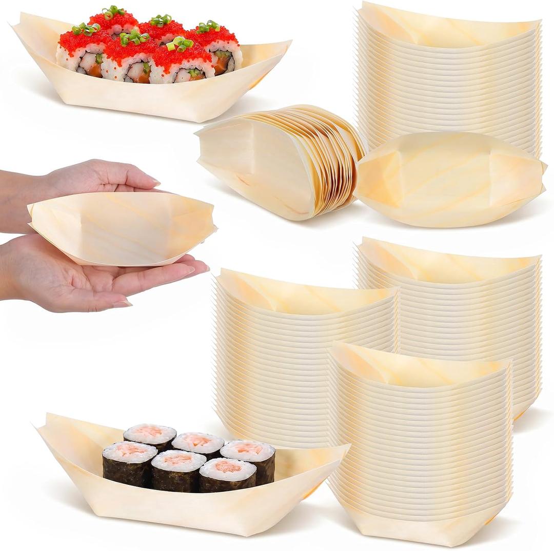 300 Pcs 5.5 x 3.1 Inch Disposable Bamboo Plates Wooden Sushi Boat Serving Tray Appetizer Dishes and Bamboo Bowls for Catering Party Home Use, Small