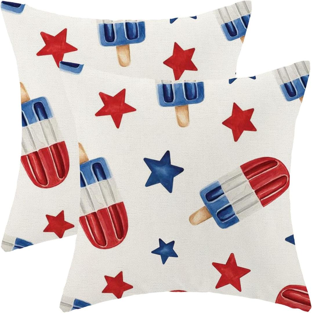 4th of July Pillow Covers 20x20 Set of 2, Red Blue Stars Decor Patriotic Throw Pillows Independence Memorial Day Pillowcase Summer Outdoor Decorations Farmhouse Cushion Case for Couch Home
