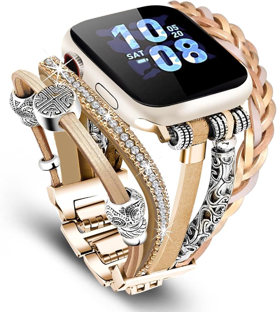Compatible With Apple Watch 44mm Women, Boho Bracelets for Apple Watch Band 46mm 45mm 49mm, Jewelry Multilayer Wrap Leather Strap for iWatch Series Ultra3 11 10 9 8 7 6 5 4 3 2 1 SE