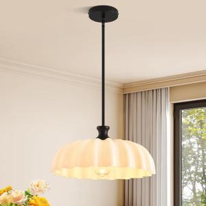 15.74in Milk Glass Pendant Lights, Large Floral Semi-Flush Mounted Ceiling Light, Black Mid Century Modern Chandelier Vintage Hanging Lamp for Kitchen Island Dining Room Entryway, 1 Pack