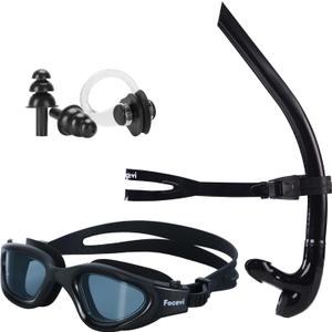 Swim Snorkel for Lap Swimming Set,Includes Snorkel, Goggles, Nose Clips and earplugs, Front Swimming Snorkeling Training for Adult/Youth,Swimmer Snorkle Center Mount Snorkle Tube