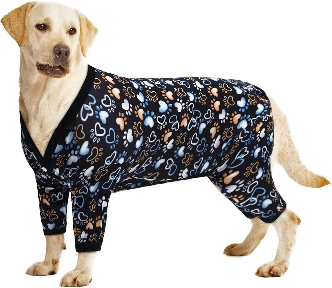 CuteBone Big Dog Clothes Pitbull Golden Retriever Post Surgery Suit Stretchy Calming Anxiety Pet Pajamas Shirts Shedding Suits Onesie for Medium/Large Sized Dogs Labrador Bully ZP17XL (Snap=Footprints)
