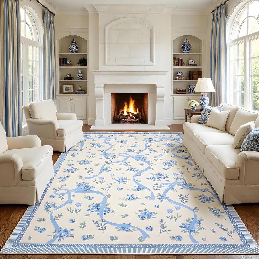 GarveeHome Floral Bow Rugs for Bedroom Girls, 5x7 Area Rugs for Living Room with Soft Low Pile, Non Slip Blue and White Washable Rug 5x7 for Nursery Kids Playroom Dining Room College Dorm Rug