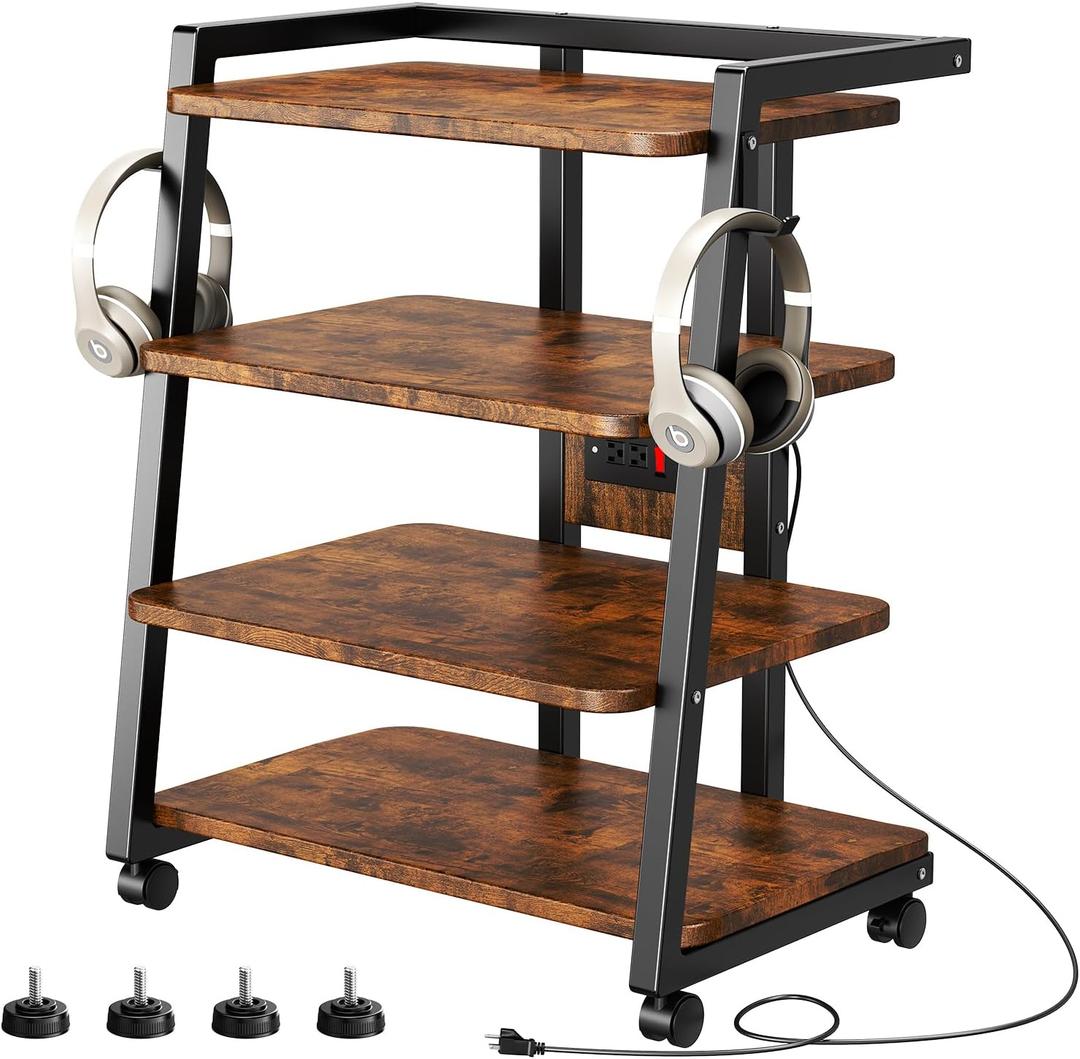 Mobile AV Media Stand with Outlets and 4 Rolling Caster Wheels, 4-Tier Rolling TV Stand for Gaming Console, Stereo, DVD Player, Sturdy Metal Frame, Versatile Living Room,Bedroom (Retro Brown)