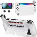 JEMDO Dockable Protective Case for Nintendo Switch OLED 2021 with 5 Game Card Slots,Ergonomic Comfort Grip,Shockproof Dockable Cover Accessories, Tempered Glass, Joy-Con Thumb Grips (White-Set)