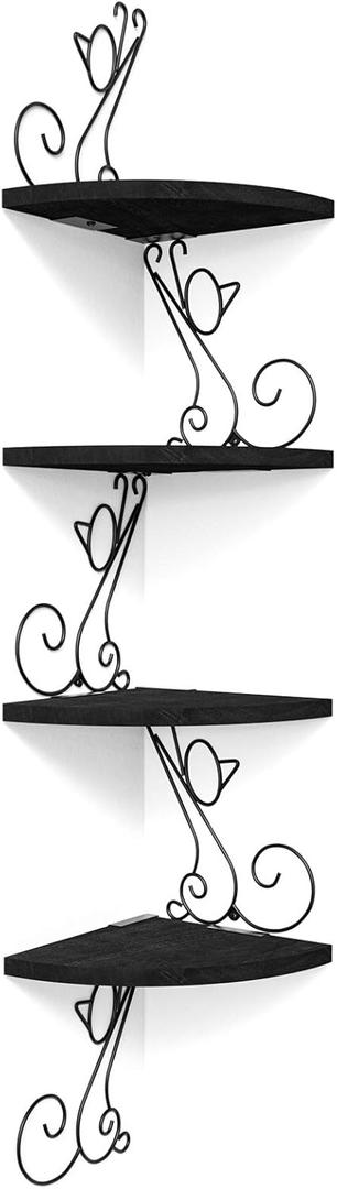 Alsonerbay Corner Shelves - Wall Mounted Floating Wood Shelf, 4 Tier Rustic Storage Shelf, Cat Shaped Shelving for Wall, Solid Wooden Decor for Living Room, Bedroom, Kitchen (Black)