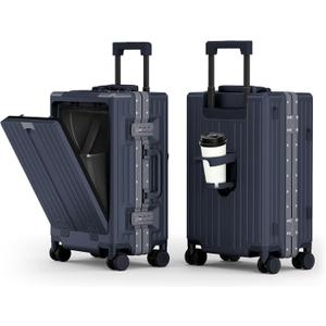 ALPHA CAMP 20 Inch Aluminum Frame Carry-On Luggage, Front Opening Hardside Carry on Suitcase with Quick-Access Front Compartment, Airline Approved with TSA Lock, USB&Type-C Ports, Cup Holder, Blue