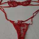 Lilosy Sexy Tie Side Cute Underwire Push Up Strappy Embroidered Mesh Sheer Lingerie Set (Small, Bow Pattern Red)