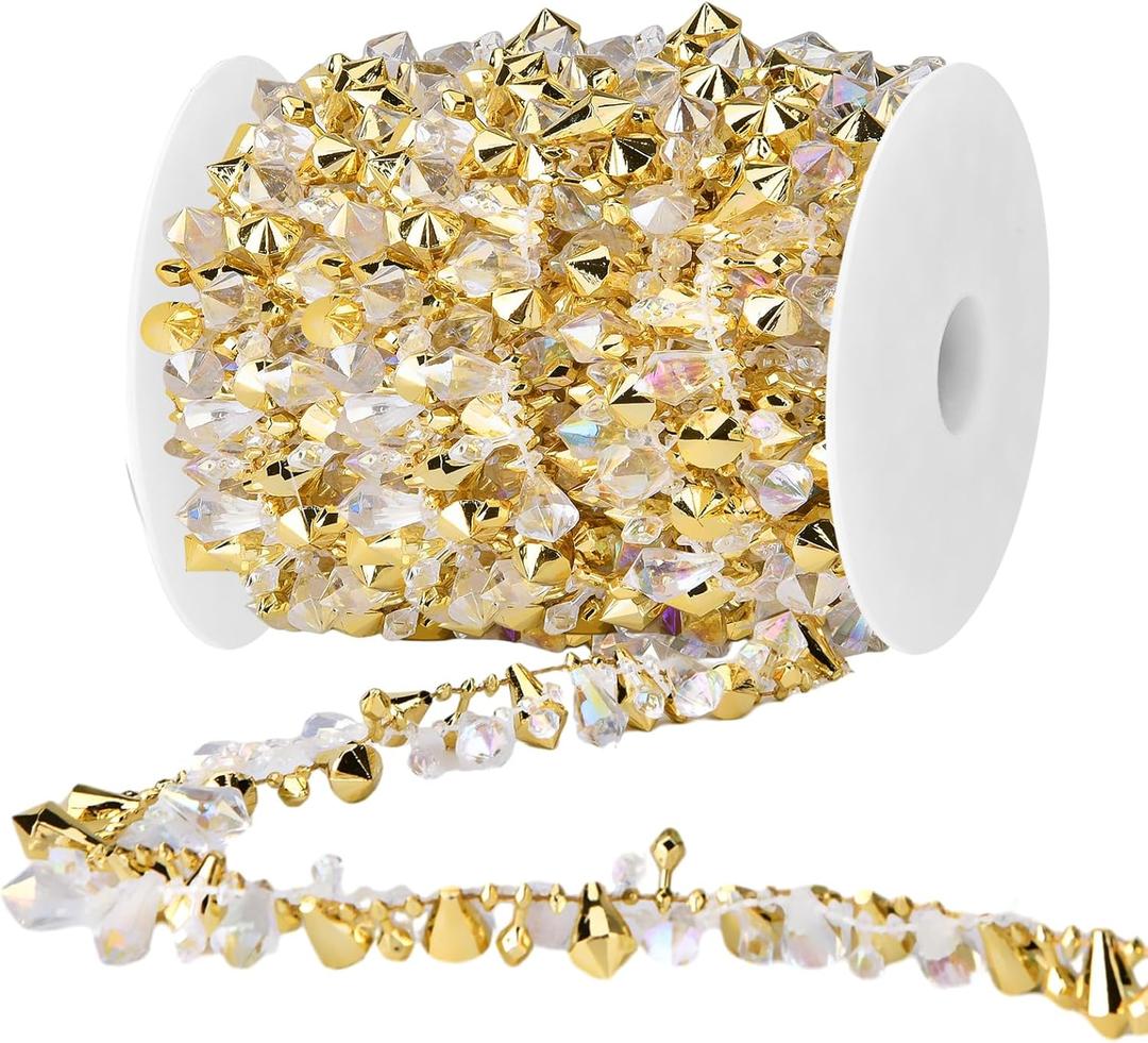 16 Feet Christmas Garland Christmas Tree Crystal Beads Garland Clear Iridescent Large Twinkle Ice Double Twist Christmas Tree Garland Perfect for Winter and Xmax Tree Decorations and Home Décor (Gold)