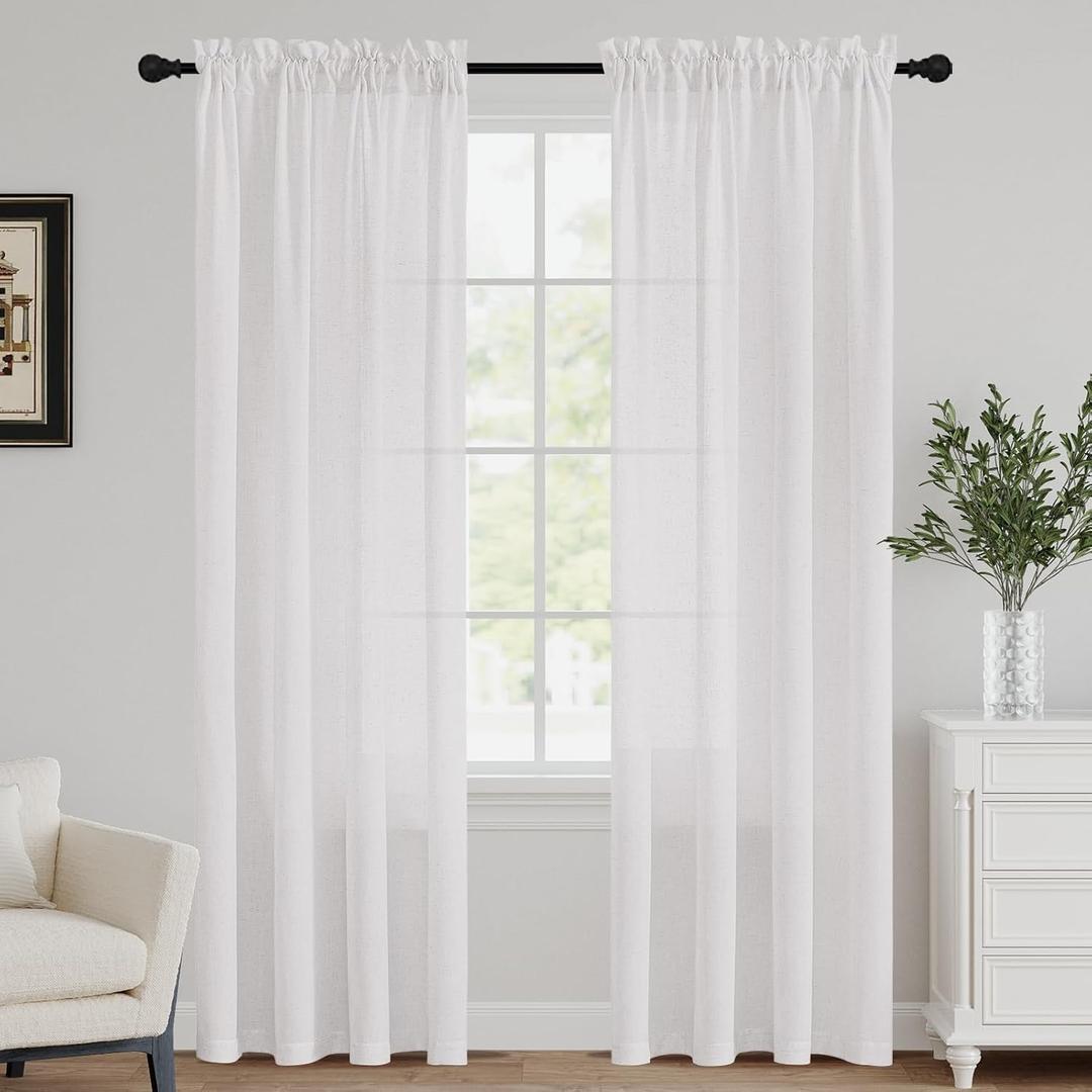 FantasDecor Off White Linen Curtains 84 Inch Length 2 Panels Set Natural Semi Sheer Curtains for Living Room Light Filtering Country Rustic Window Curtain Panels 52" W x 84" L,Off White