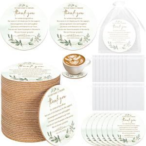 Hushee 200 Pcs Wedding Favors for Guests Bulk Cork Coasters Eucalyptus Leaves Bridal Shower Thank You Gifts Wedding Souvenirs for Guests Thank You for Celebrating with Us Natural Wooden Coasters
