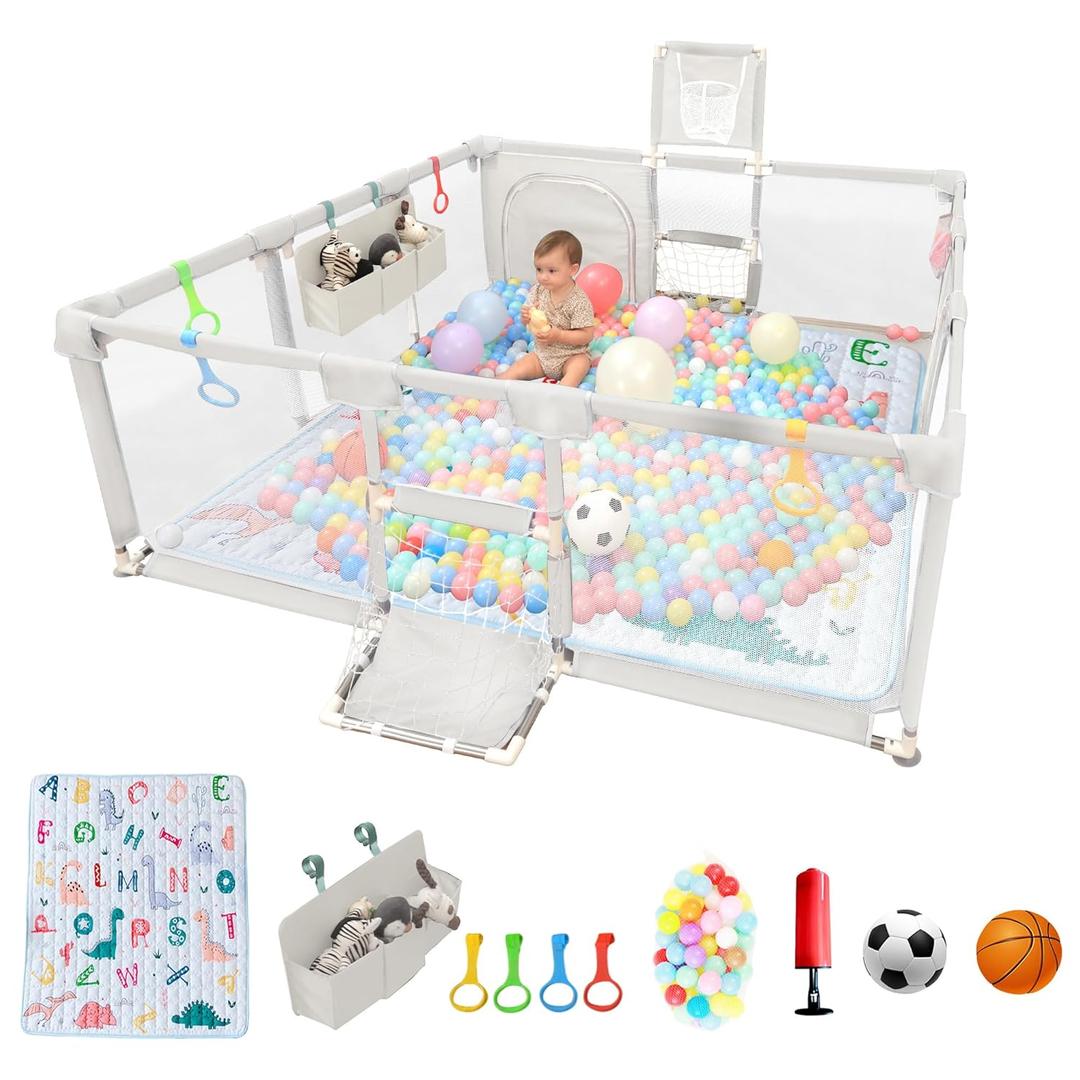 Playpen for Babies and Toddlers, 73"x71"Baby Playpen with Mat Indoor＆Outdoor with Breathable Play Pen with Ocean Balls Hanging Pocket Basketball Hoop and Football Goal (Lighr Grey with Mat, 73"x71")