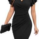 Machico 2026 Women's Sexy V Neck Ruffle Sleeve Faux Wrap Ruched Bodycon Sheath Cocktail Party Work Dress
, Black XL